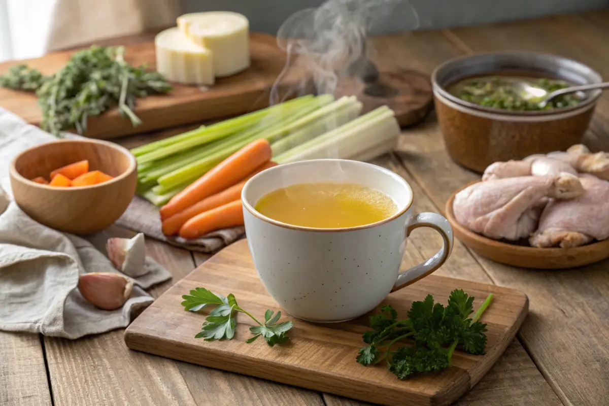 Steaming cup of chicken bone broth in a rustic kitchen setting.