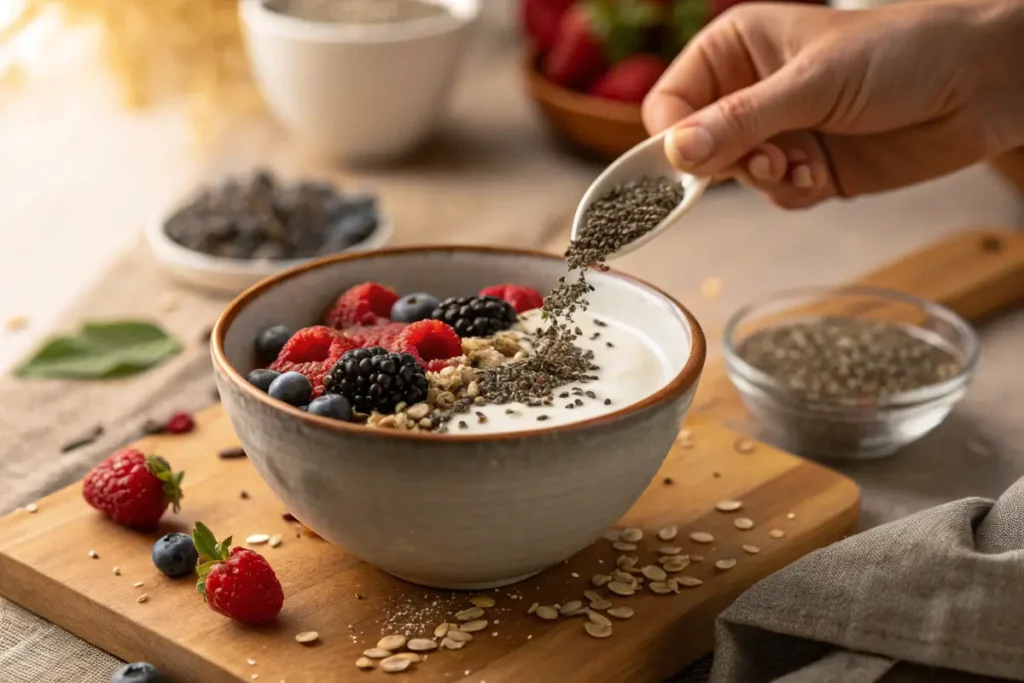 Chia seeds being added to a bowl of Greek yogurt with fresh berries.