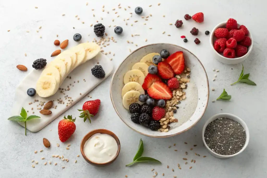 Healthy toppings for oatmeal, including fruits, nuts, and seeds.