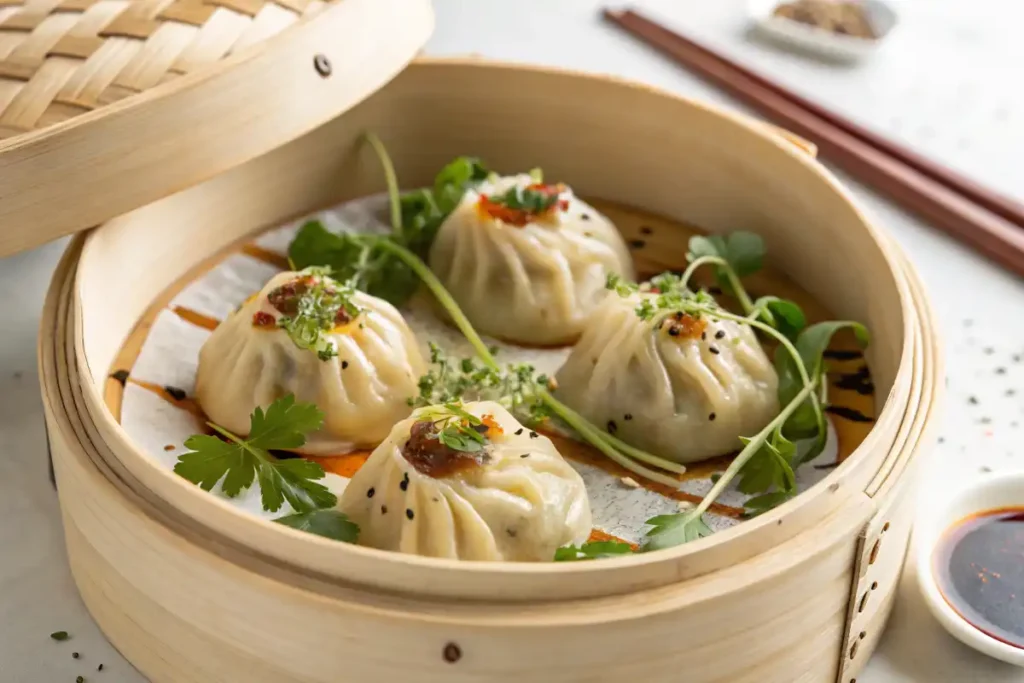 Steaming vegan dumplings in a bamboo basket, ready to eat