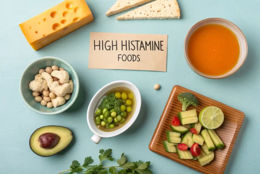 High-histamine foods including bone broth, aged cheese, and fermented vegetables in a labeled flat-lay.