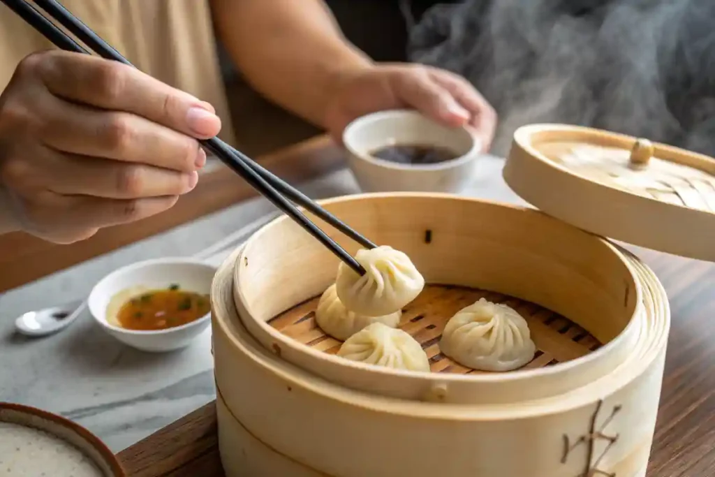 A person using chopsticks to pick up a soup dumpling.