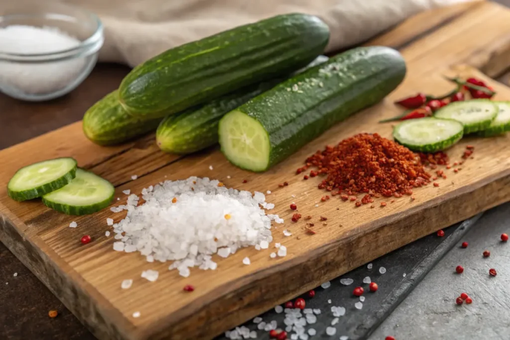 Kirby and Persian cucumbers with coarse salt and chili powder.