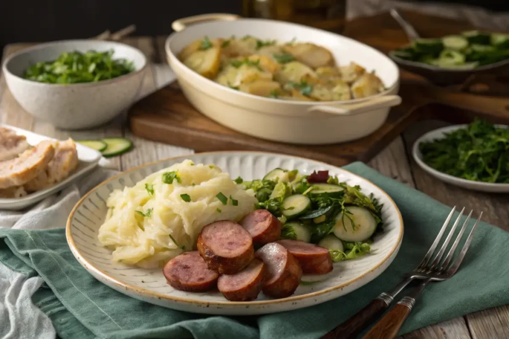 A dinner plate featuring kielbasa, cabbage, and side dishes like scalloped potatoes and cucumber salad on a rustic table.