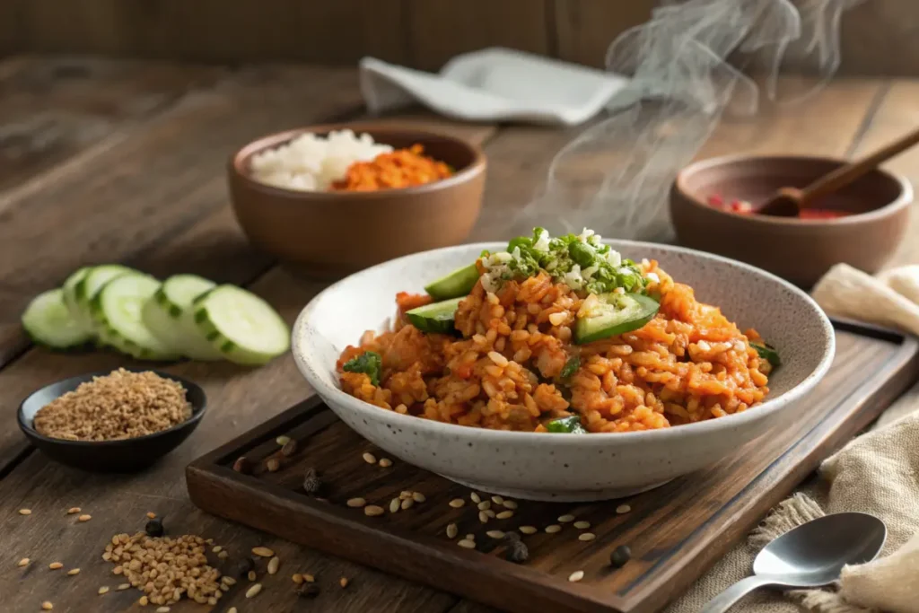 Plate of kimchi fried rice garnished with cucumber kimchi.