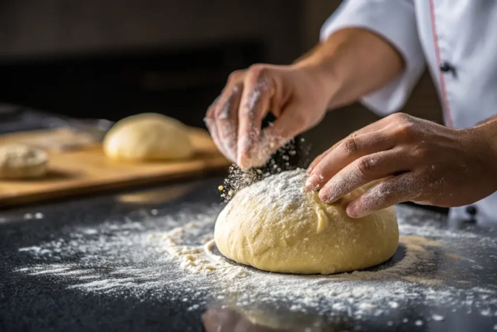 Hands kneading brioche dough on a floured countertop.