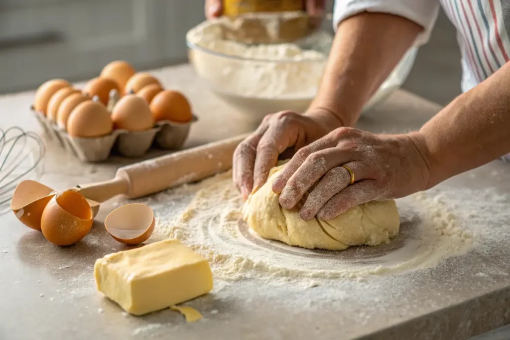 Hands kneading brioche dough with butter and eggs nearby.