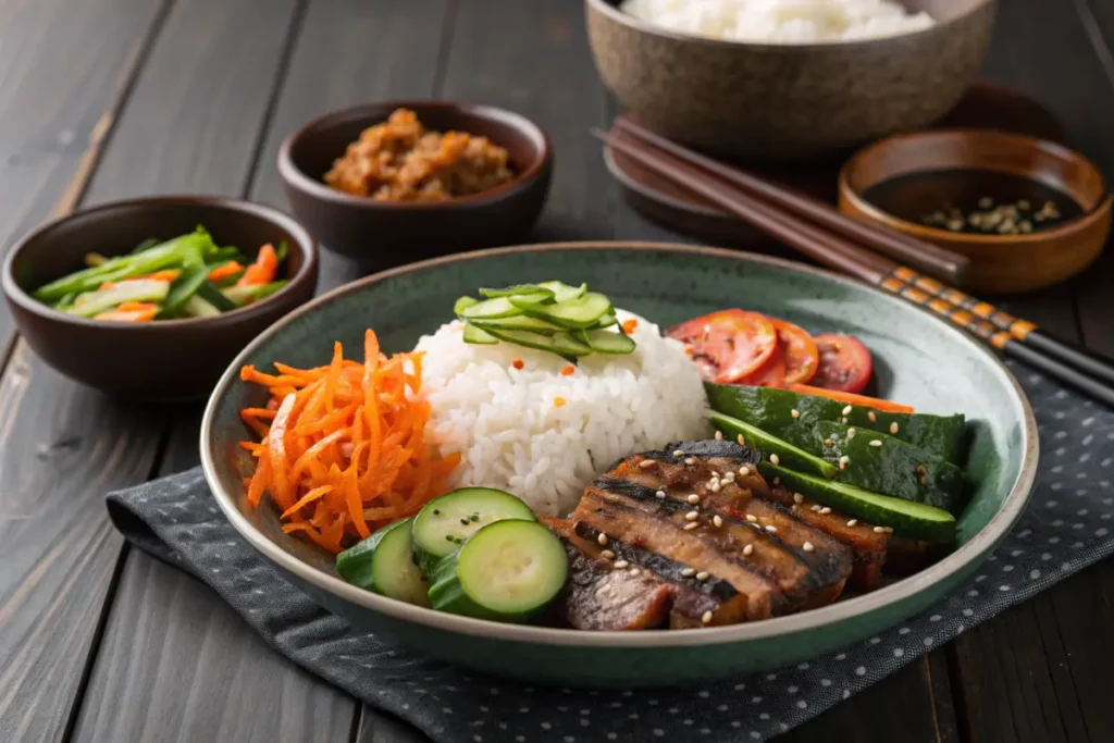 A Korean meal with cucumber kimchi and grilled meat.