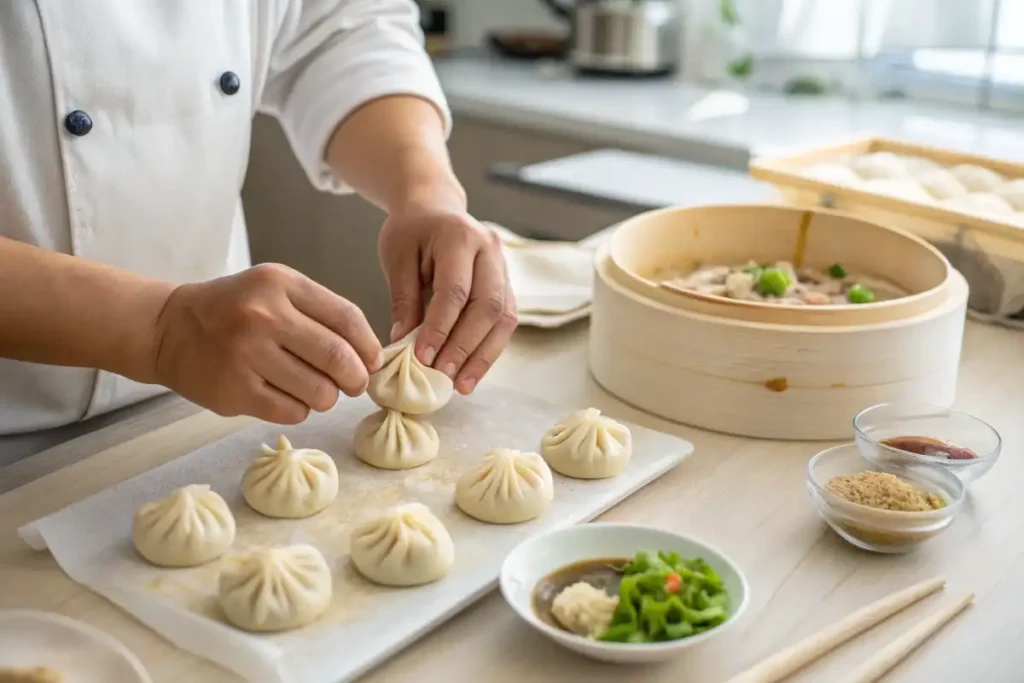 Hands making soup dumplings.