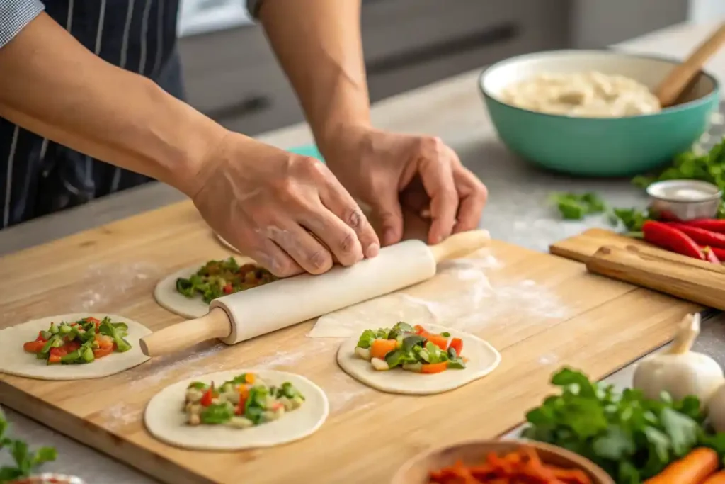 Hands preparing vegan dumplings with fresh ingredients.