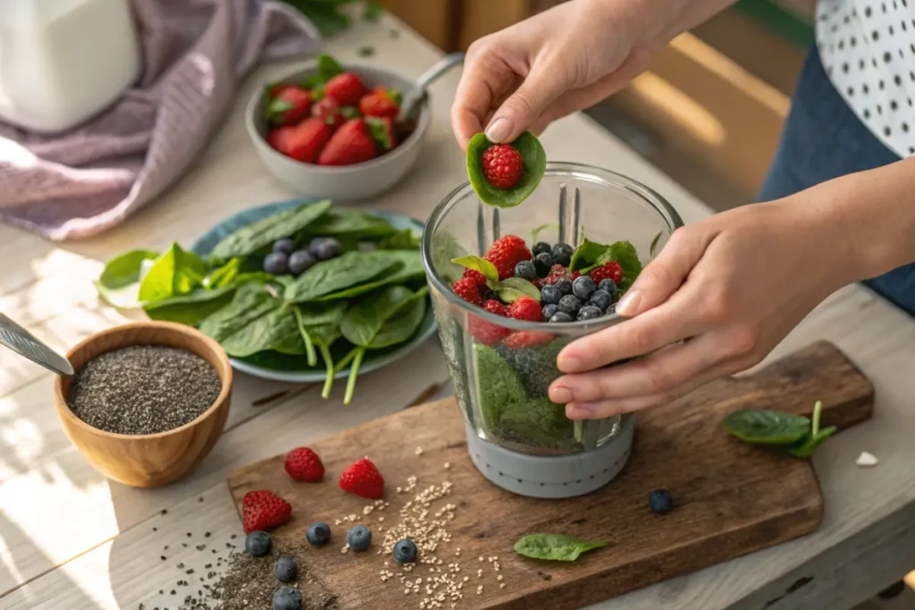 Hands preparing a nutritious PCOS-friendly smoothie with greens and berries.