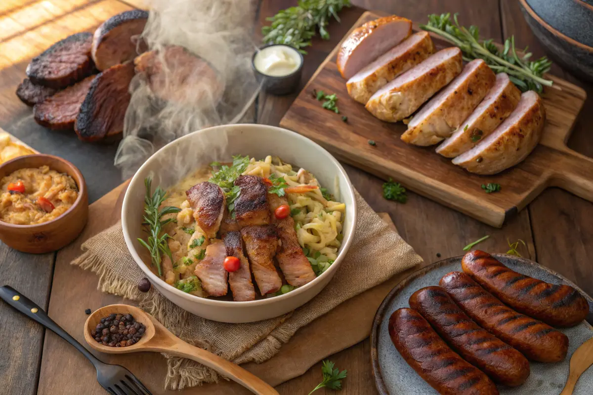 A Variety of Meats and Braised Cabbage on a Rustic Table