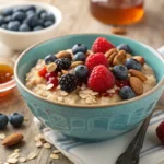 Bowl of steel-cut oatmeal with berries, nuts, and seeds.