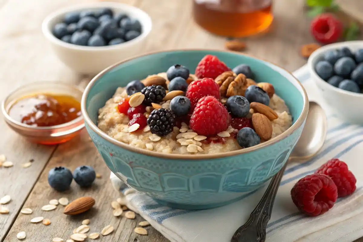 Bowl of steel-cut oatmeal with berries, nuts, and seeds.