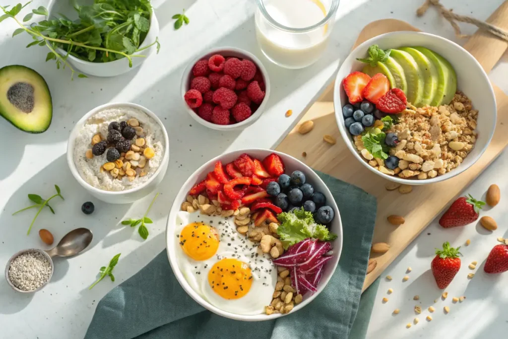 Diverse and nutritious PCOS breakfast options including overnight oats, scrambled eggs, and a parfait.