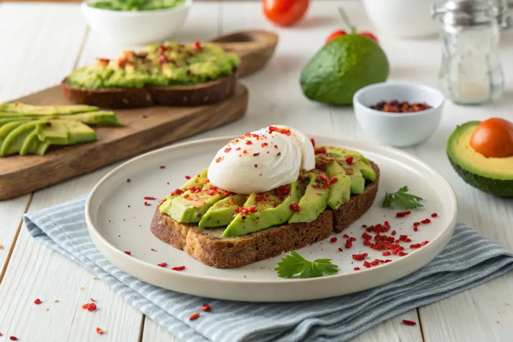 Low-carb avocado toast with a poached egg for PCOS management.