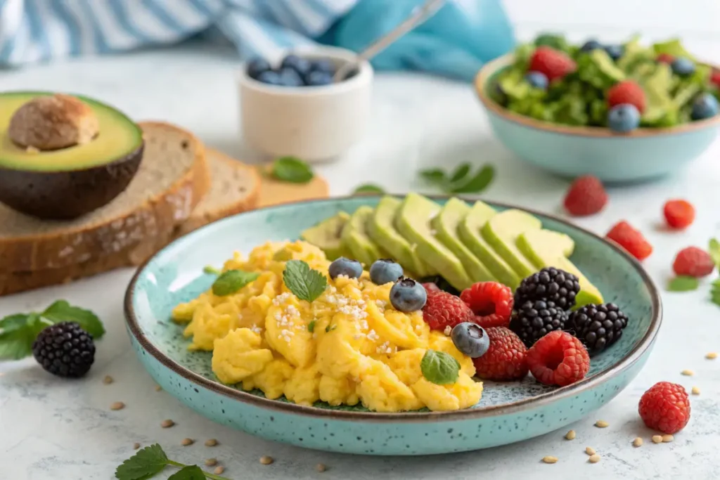 Healthy breakfast with eggs, avocado, and berries for PCOS