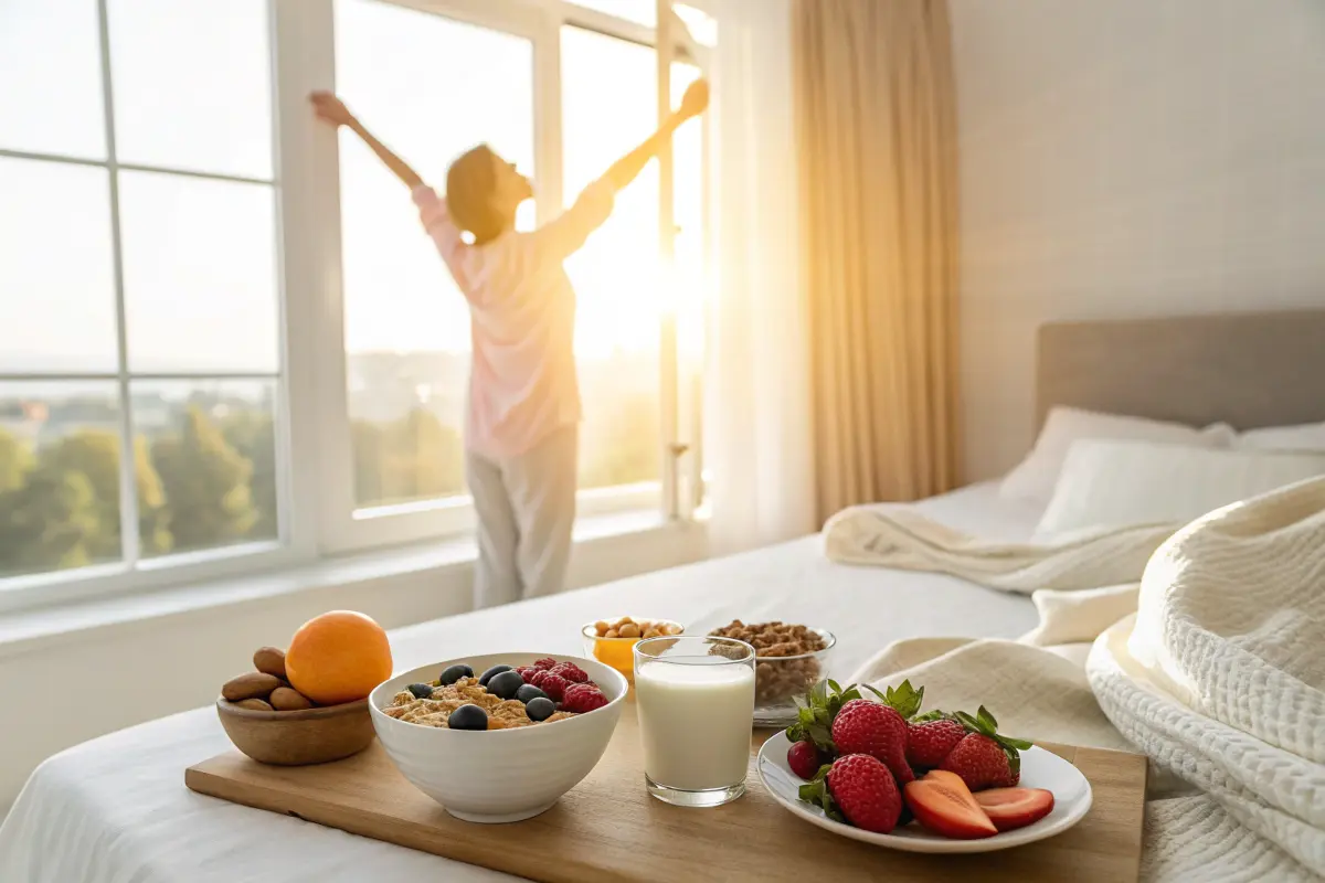 Woman doing morning stretches and enjoying a healthy breakfast for PCOS management.