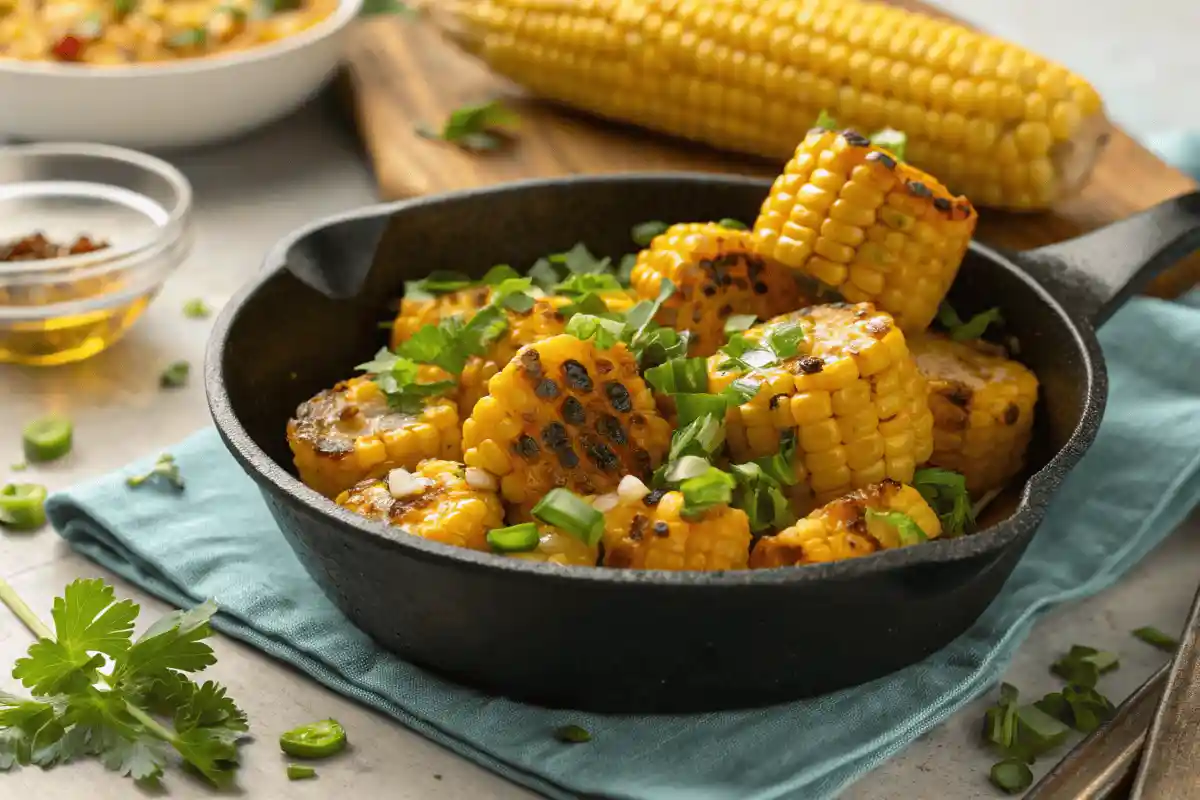 Golden-brown fried corn in a skillet