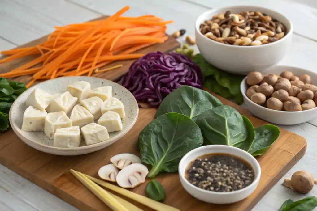 Fresh and colorful ingredients for plant-based dumplings