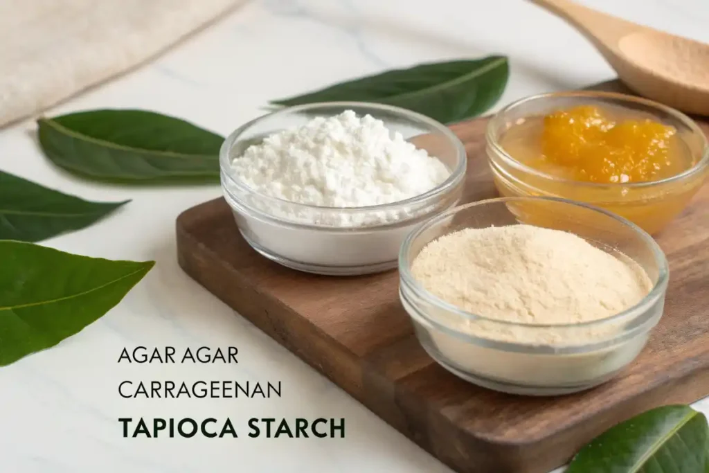 Side by side comparison of gelling agents: agar-agar, carrageenan, tapioca starch, and pectin jelly.