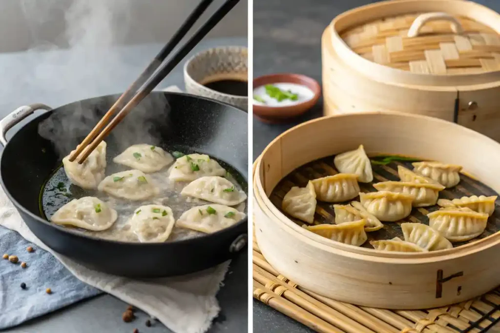 A side by side of gyoza and soup dumplings being prepared.