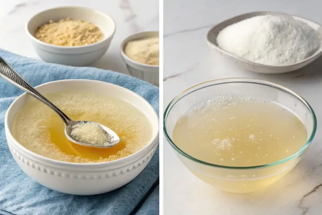 Dissolving agar-agar powder in hot broth for soup dumpling filling