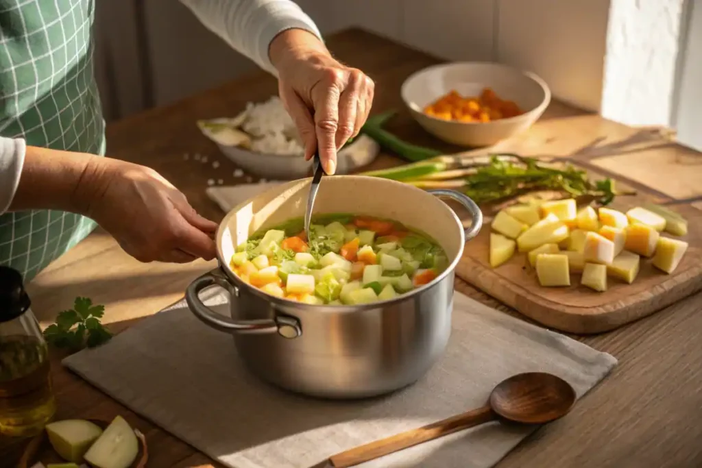 Adding fresh vegetables for benignis potota soup.