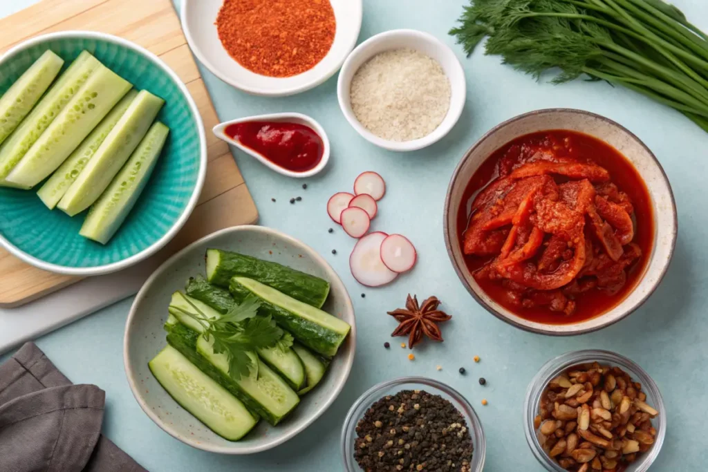 Ingredients for making cucumber kimchi.