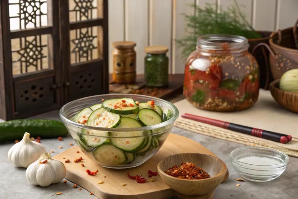 Fermentation process for cucumber kimchi.