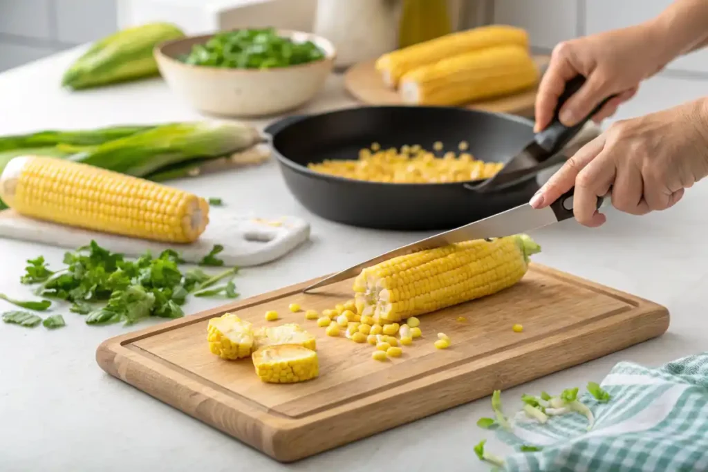 Cutting fresh corn kernels for frying