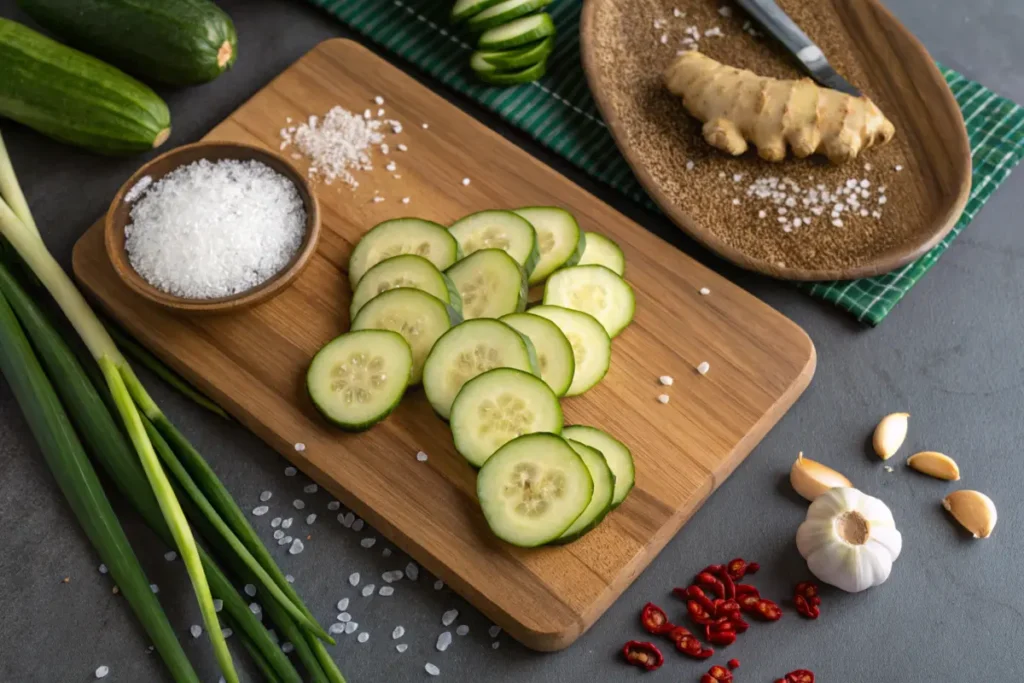 Sliced cucumbers being salted for kimchi preparation.