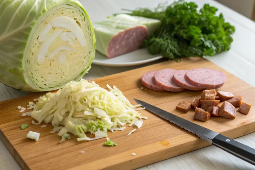 Ingredients for cabbage and sausage recipe: cabbage, sausage, and garlic.