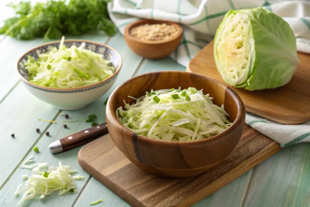 Shredded and chopped cabbage in a bowl