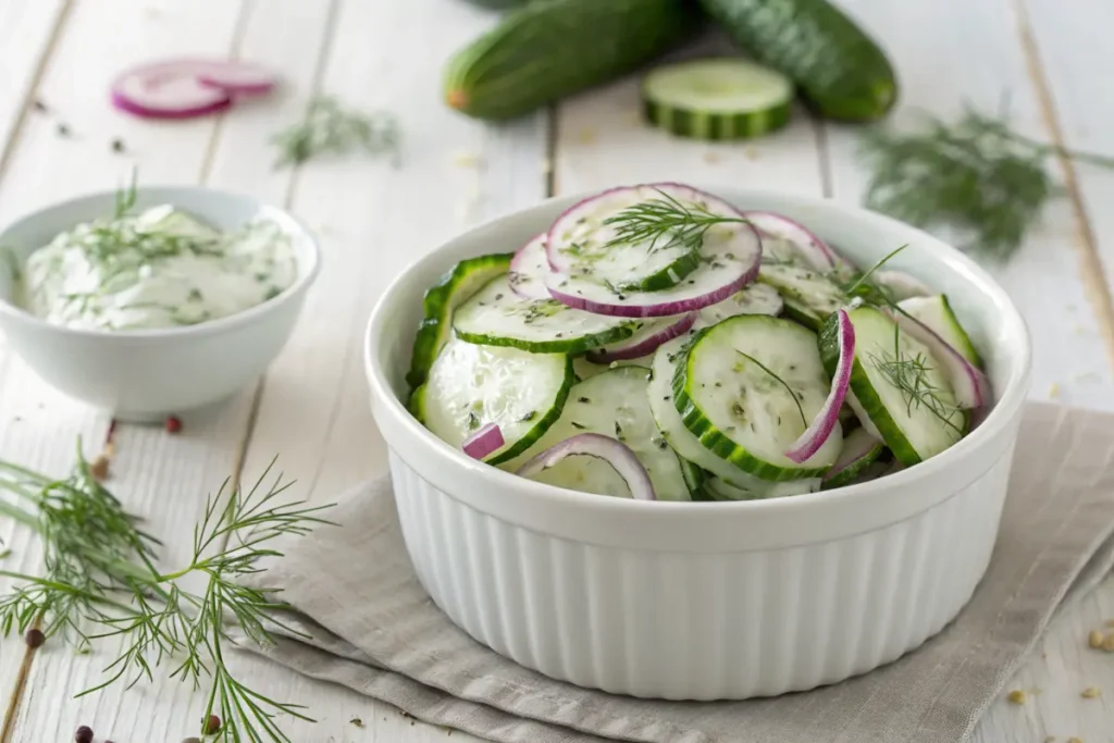 Fresh cucumber salad with red onions and dill dressing in a ceramic bowl.