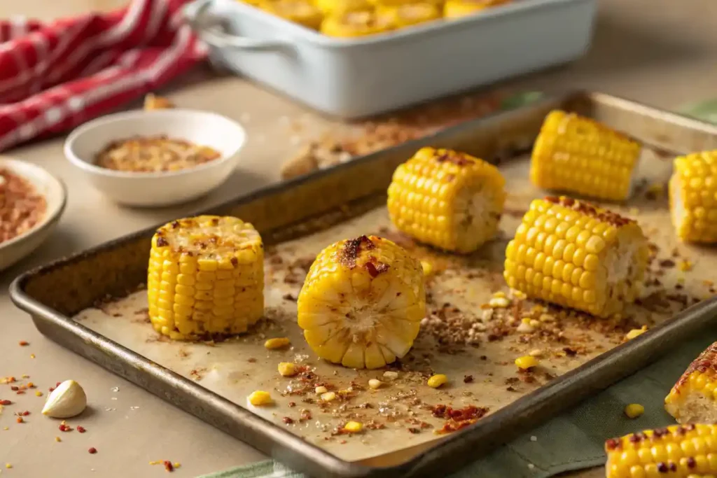 Roasted corn kernels on a baking sheet