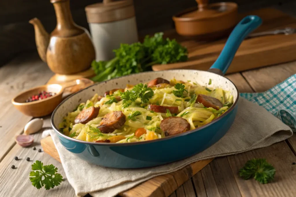 One-pan cabbage and sausage recipe plated in a rustic kitchen.