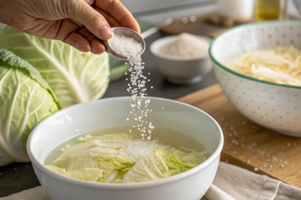 Adding salt to water soaking cabbage