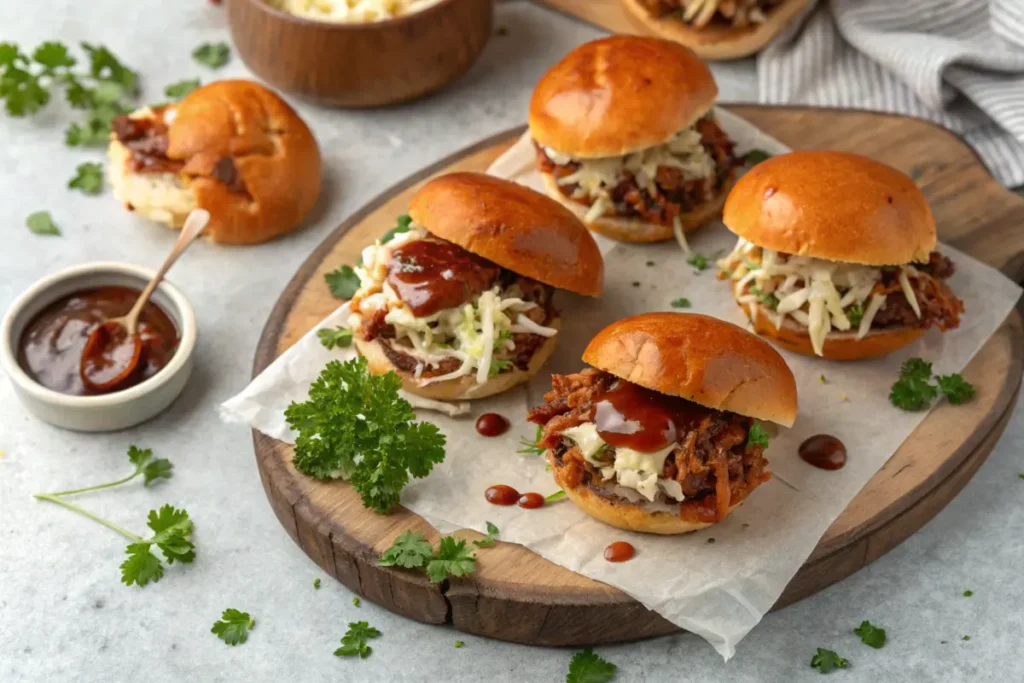 Brioche sliders with BBQ pulled pork and coleslaw.