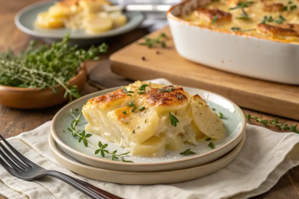 Scalloped potatoes garnished with fresh herbs on a rustic plate.