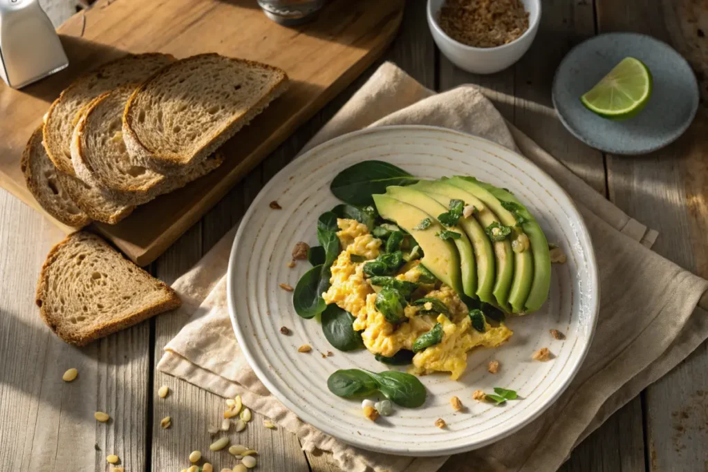 A plate of scrambled eggs with spinach and avocado, a healthy PCOS breakfast.