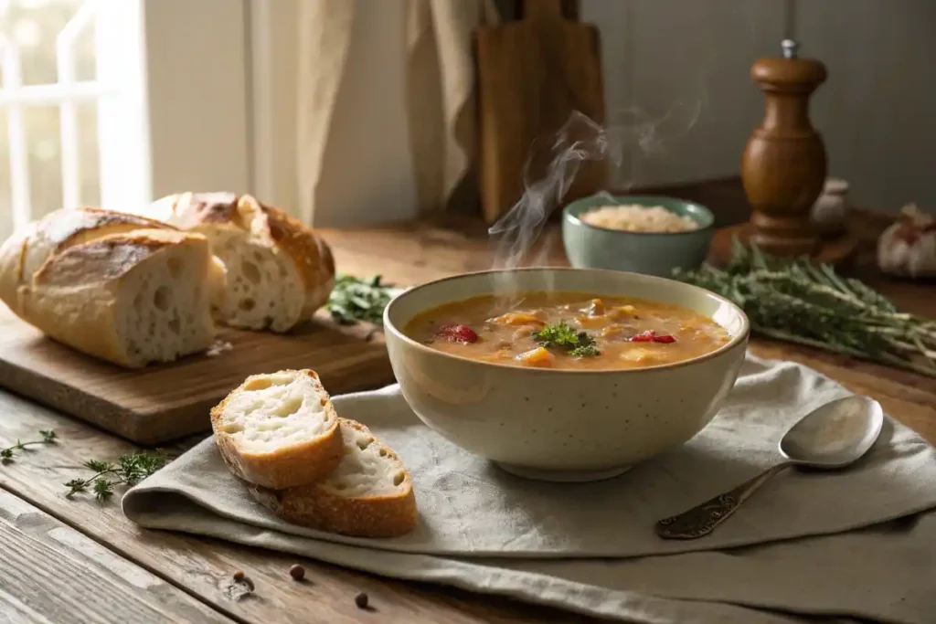 Benignis potota soup served with crusty bread.