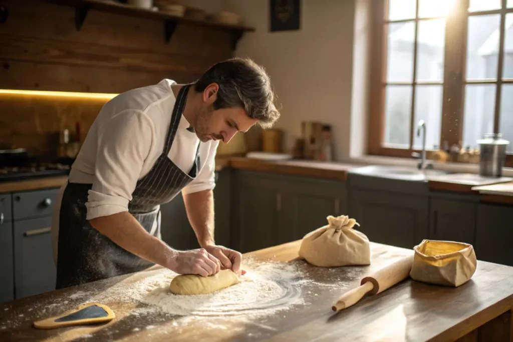 Baker shaping brioche dough on a floured surface.