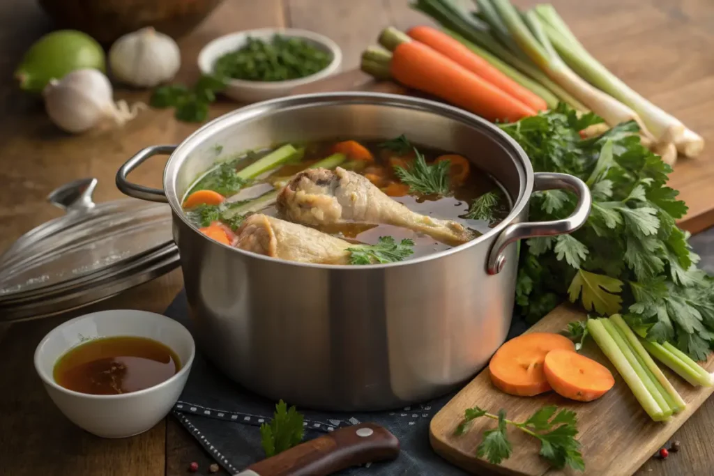 Pot of simmering ingredients for bone broth, including bones and vegetables.