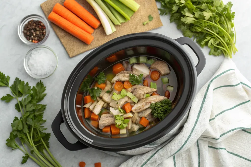 Slow cooker filled with chicken bones and vegetables for broth.