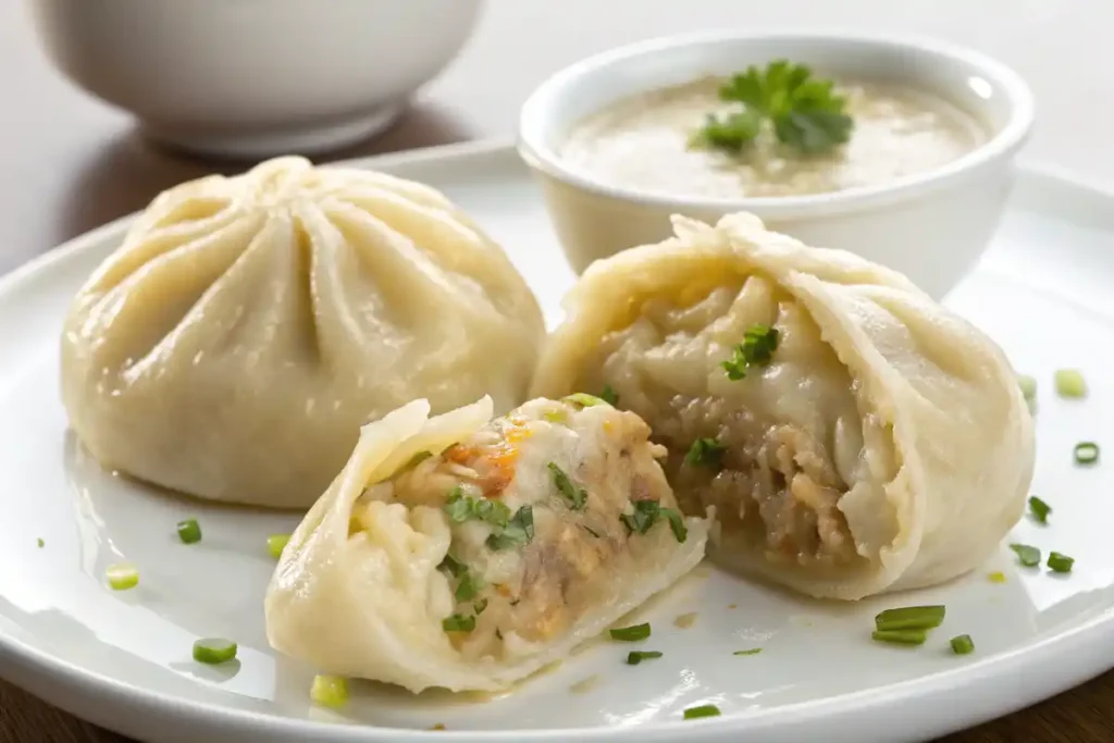 Cooked soup dumplings with plant based fillings.