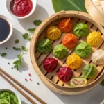 Colorful assortment of steamed vegan dumplings.