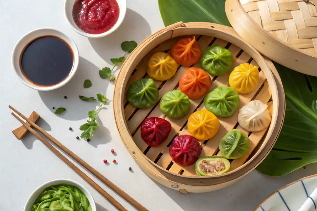 Colorful assortment of steamed vegan dumplings.