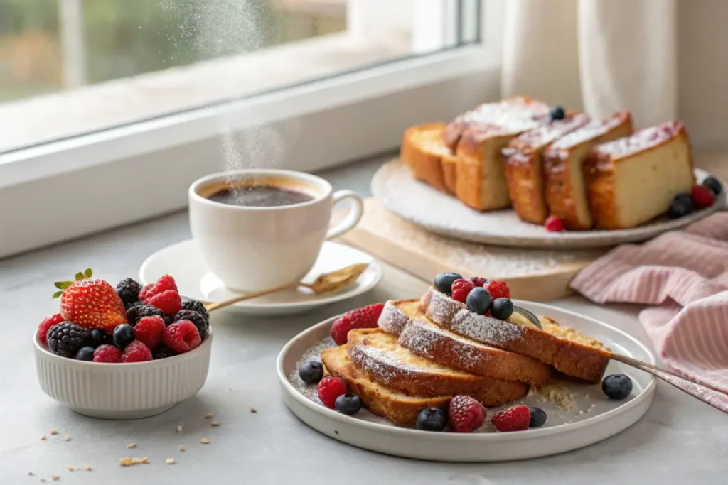 Sliced brioche and French toast on a breakfast table.