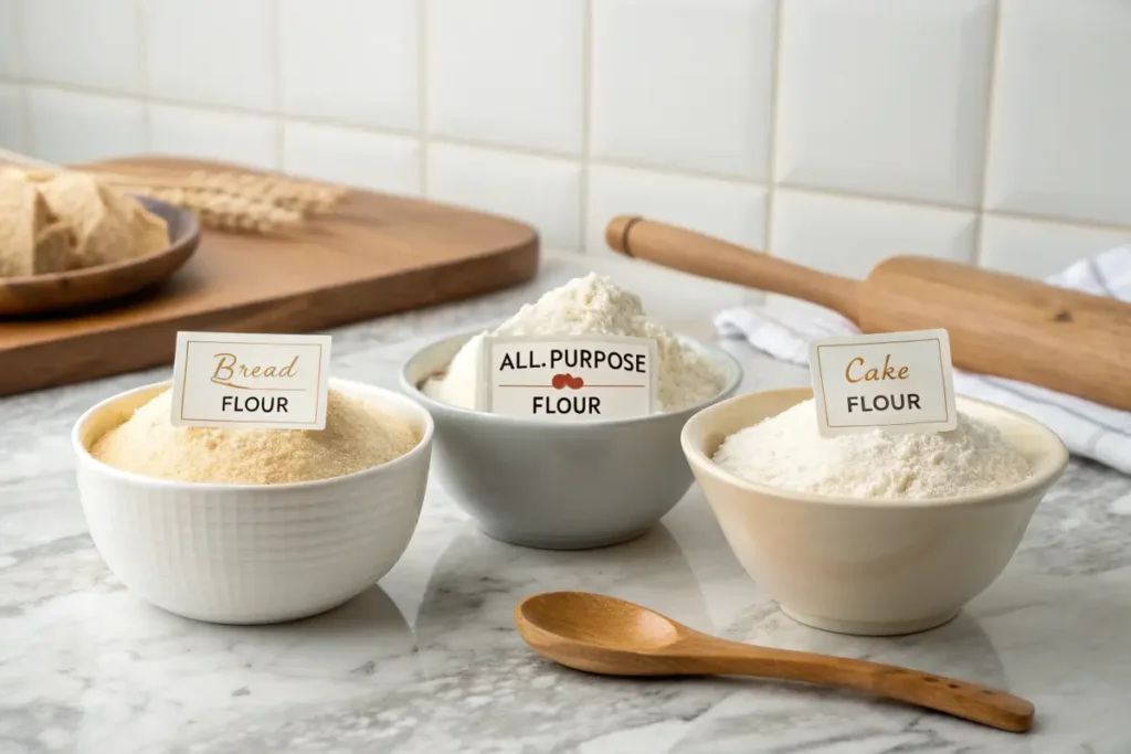 Bowls of bread, all-purpose, and cake flour.